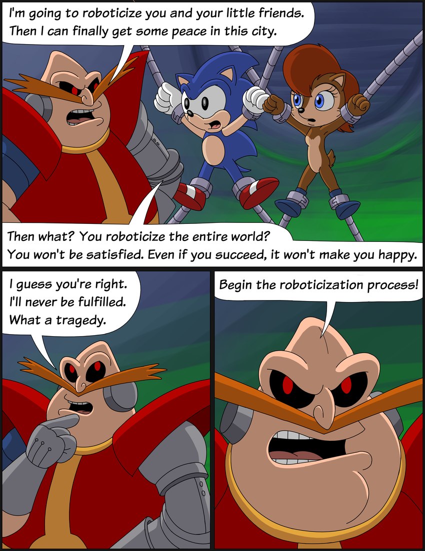 captured clothing dialogue female text omatic archie_comics sega sonic_the_hedgehog_(archie) sonic_the_hedgehog_(comics) sonic_the_hedgehog_(satam) sonic_the_hedgehog_(series) dr._eggman sally_acorn sonic_the_hedgehog eulipotyphlan hedgehog human mammal rodent sciurid tree_squirrel absurd_res comic english_text hi_res