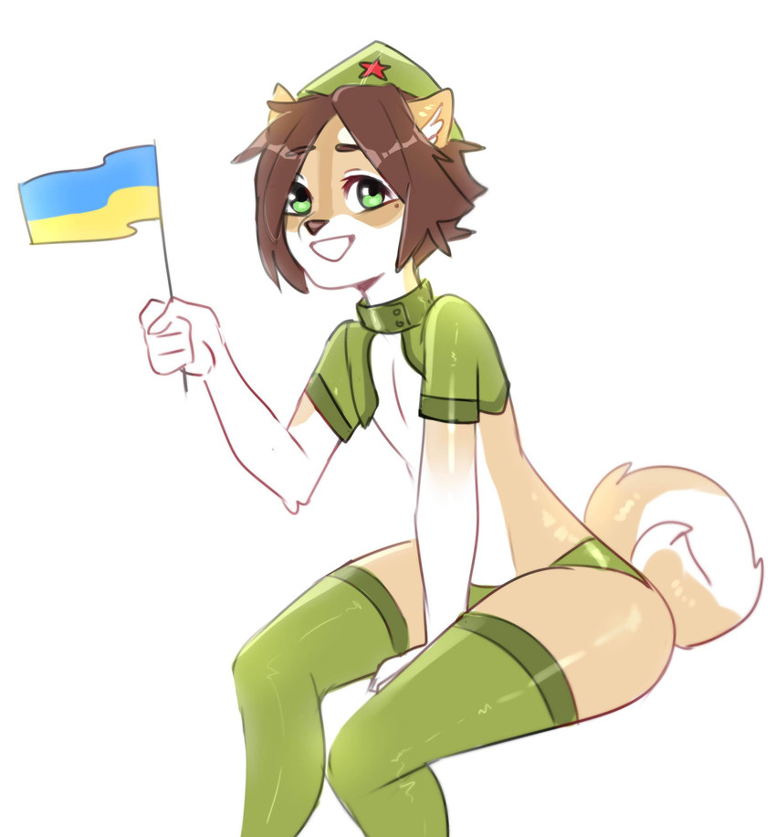 5_fingers anthro biped brown_hair clothed clothing communism crossdressing curled_tail femboy fingers flag flag_(object) fur green_eyes hair hat headgear headwear holding_flag holding_object legwear looking_at_viewer male military military_cap politics simple_background sitting smile solo stockings tail tan_body tan_fur teeth thigh_highs ukraine ukrainian_flag uniform white_background white_body white_fur viskasunya flaffy_(viskasunya) canid canine canis domestic_dog mammal shiba_inu spitz 2018 digital_media_(artwork) hi_res lol_comments