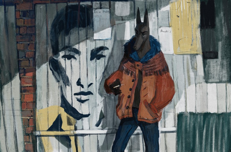 anthro black_body black_fur cigarette city clothing fence fur graffiti jacket male smoking topwear urban nayshie egyptian_mythology middle_eastern_mythology mythology anubis anubian_jackal canid canine canis deity jackal mammal hi_res traditional_media_(artwork)