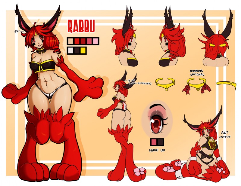 breasts butt cleavage clothed clothing female fur hair navel pawpads paws rear_view red_body red_eyes red_fur red_hair scut_tail short_tail side_view skimpy solo tail text turnaround redrabbu rabbu animal_humanoid humanoid lagomorph lagomorph_humanoid leporid leporid_humanoid mammal mammal_humanoid rabbit rabbit_humanoid english_text hi_res model_sheet