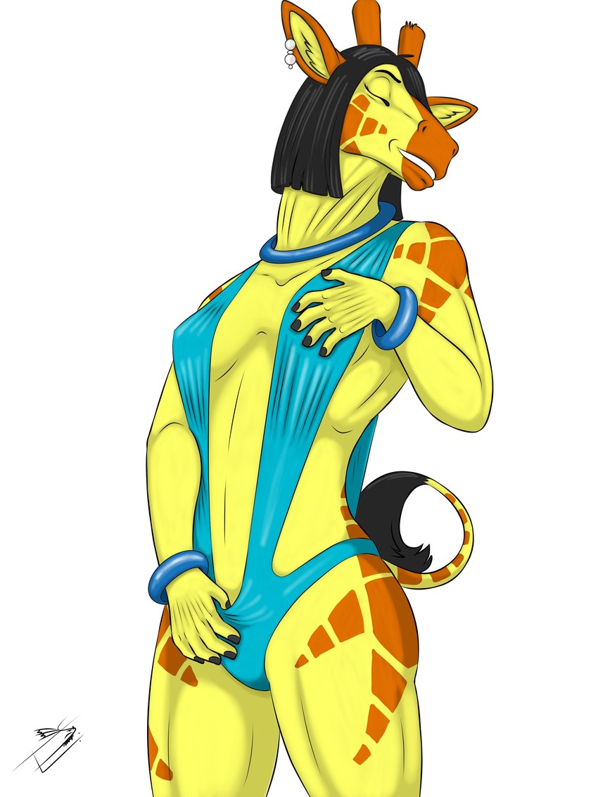 anthro clothing ear_piercing female piercing solo swimwear horzeb gira_girafeux giraffe giraffid mammal 3:4 absurd_res hi_res