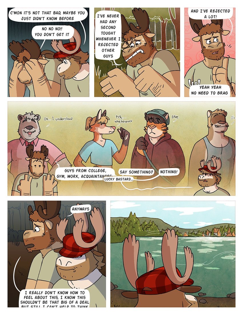 anthro antlers base_three_layout blockage_(layout) dialogue duo horizontal_blockage horn lake looking_away male outside overweight overweight_male park profanity scenery six_frame_image text three_row_layout nardodraws rodney_(nardodraws) tom_(nardodraws) canid canine deer felid fox mammal moose mustelid new_world_deer otter pantherine tiger comic english_text hi_res