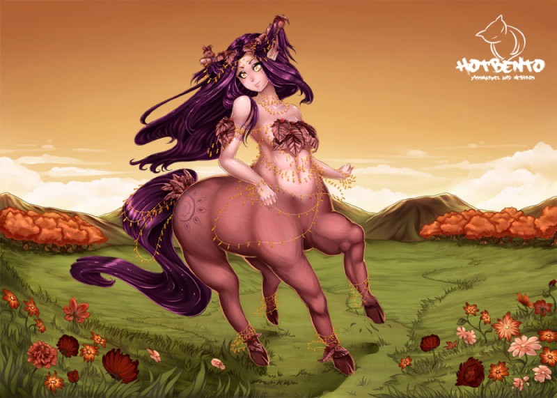 breasts cloud female flower grass leaf_clothing plant quadruped sky solo hotbento european_mythology greek_mythology mythology centaur equid equid_taur humanoid_taur mammal mammal_taur taur