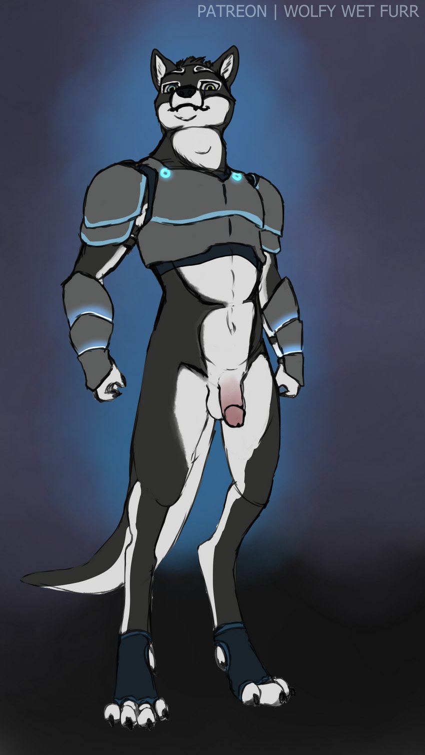 anthro armor athletic athletic_anthro athletic_male balls biped clothing footwear genitals humanoid_genitalia humanoid_penis male nude penis socks solo toeless_footwear toeless_socks wolfywetfurr_(artist) hellgate:_london alaskan_malamute canid canine canis domestic_dog mammal nordic_sled_dog spitz wolf 9:16 hi_res