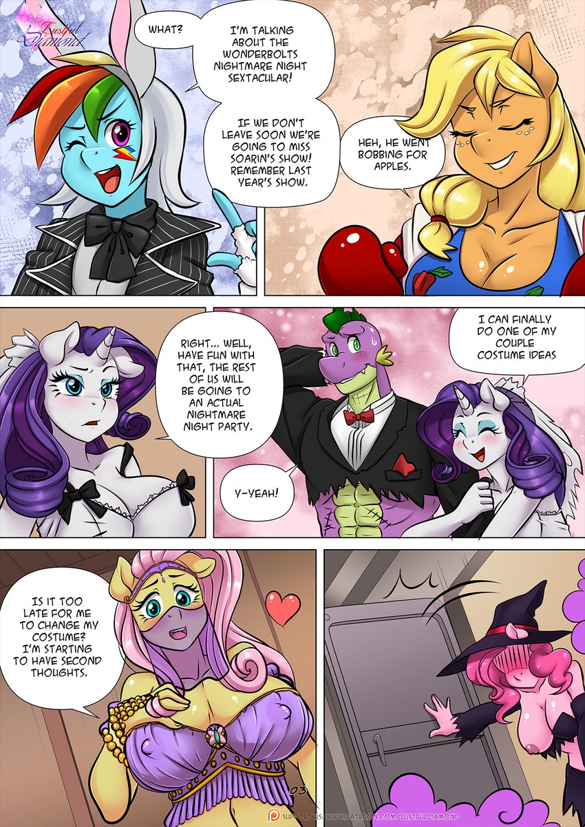 anthro anthrofied base_three_layout big_breasts breasts cleavage clothed clothing dialogue female freckles group horizontal_staggering horn male nipple_outline one_breast_out six_frame_image staggering_(layout) text three_row_layout pia-sama friendship_is_magic hasbro my_little_pony mythology applejack_(mlp) fluttershy_(mlp) pinkie_pie_(mlp) rainbow_dash_(mlp) rarity_(mlp) spike_(mlp) dragon equid equine mammal mythological_creature mythological_equine mythological_scalie scalie unicorn comic english_text hi_res