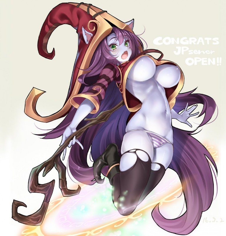 blush breasts clothed clothing female hat headgear headwear long_torso looking_at_viewer navel open_mouth panties skimpy small_waist solo under_boob underwear wizard_hat cle_masahiro league_of_legends riot_games tencent lulu_(lol) animal_humanoid humanoid yordle