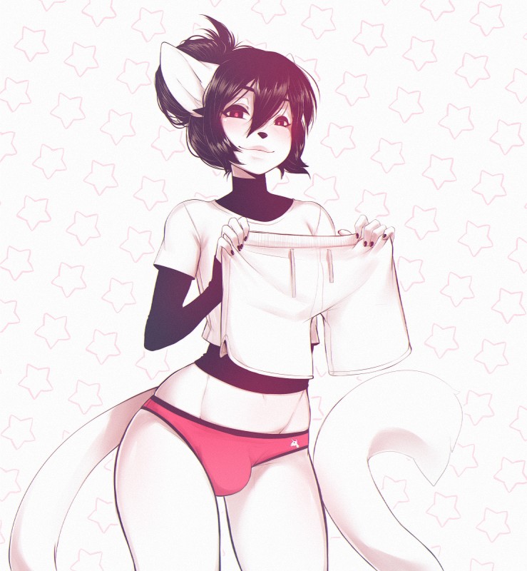 anthro black_hair bottomwear bulge clothed clothing crossdressing femboy fur hair looking_at_viewer male navel panties pink_eyes shirt shorts simple_background skimpy smile solo standing thick_thighs topwear underwear white_body white_fur suelix mercy_(suelix) domestic_cat felid feline felis mammal digital_media_(artwork) hi_res