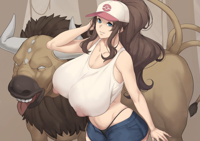 baseball_cap big_breasts blue_eyes bottomwear breasts brown_hair clothed clothing denim denim_bottomwear denim_clothing denim_shorts duo female feral hair hat headgear headwear high_ponytail horn huge_breasts imminent_bestiality imminent_sex interspecies long_hair looking_at_viewer male male/female mouth_closed multi_tail nipple_outline open_bottomwear open_clothing open_mouth open_shorts pokephilia ponytail shorts tail thong thong_straps tongue tongue_out underwear upper_teeth metalowl nintendo pokemon hilda_(pokemon) bovid bovine cattle generation_1_pokemon human mammal pokemon_(species) tauros