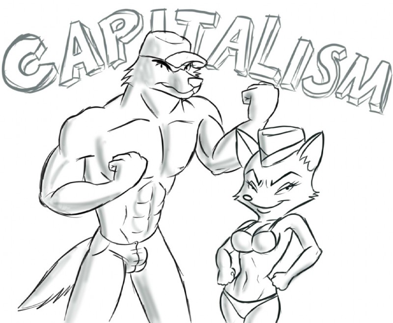 anthro bottomwear bra breasts bulge capitalism clothed clothing duo female hands_on_hips hat headgear headwear looking_at_viewer male military panties pants pose tail tight_bottomwear tight_clothing topless underwear zst_xkn sek_studio squirrel_and_hedgehog lt._fox_vixen canid canine canis fox mammal wolf 2013 black_and_white digital_drawing_(artwork) digital_media_(artwork) monochrome