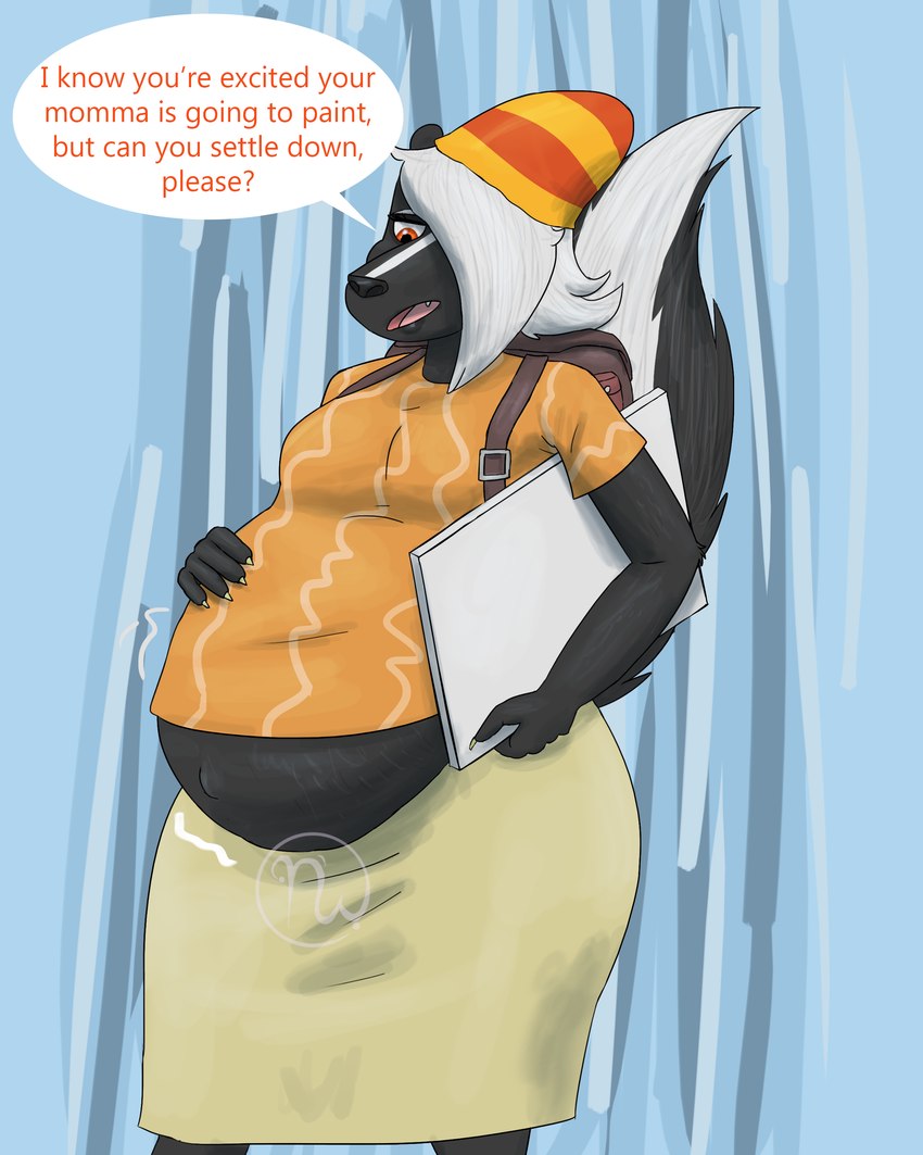 5_fingers anthro backpack belly_overhang bent_arm black_body black_fur black_lips black_nose black_tail bottomwear brown_backpack canvas claws clothed clothed_anthro clothed_female clothing dialogue eyebrows eyelashes facial_markings fangs female female_anthro finger_claws fingers fully_clothed fully_clothed_anthro fully_clothed_female fur hair hair_over_eye hand_on_own_belly hat head_markings headgear headwear holding_canvas holding_object light lips logo looking_at_own_belly markings medium_hair motion_lines multicolored_body multicolored_fur navel orange_clothing orange_eyes orange_hat orange_headwear orange_shirt orange_t-shirt orange_topwear outie_navel pattern_clothing pattern_hat pattern_headgear pattern_headwear pink_tongue pregnant pregnant_anthro pregnant_female shirt simple_background skirt solo speech_bubble standing striped_clothing striped_hat striped_headgear striped_headwear stripes t-shirt tail talking_to_belly teeth text thick_bottom_lip tongue topwear two_tone_hat two_tone_tail white_eyebrows white_hair white_markings white_tail wide_hipped_anthro wide_hipped_female yellow_bottomwear yellow_claws yellow_clothing yellow_skirt skywater eternal_forwardness mayternity mayternity_2025 ashe_grewirt mammal mephitid skunk 2025 4:5 absurd_res artist_logo colored digital_drawing_(artwork) digital_media_(artwork) english_description english_text hi_res lighting shaded