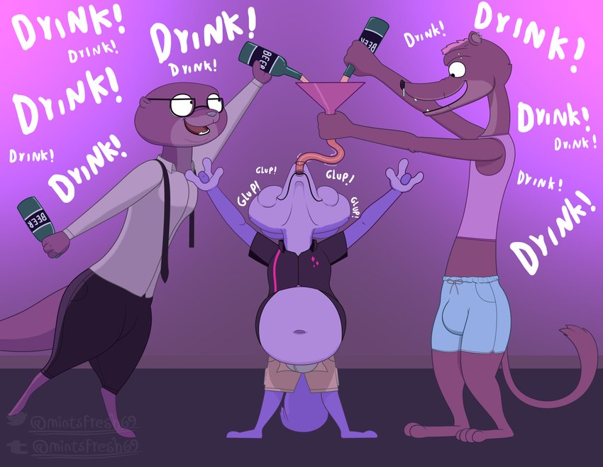 alcohol anthro beer belly beverage clothed clothing drinking eyewear female funnel glasses glup male navel party swallowing tail mintsfresh69 disney zootopia duke_weaselton finnick_(zootopia) sam_(zootopia) canid canine fennec_fox fox mammal mustelid musteline otter true_fox true_musteline weasel absurd_res hi_res