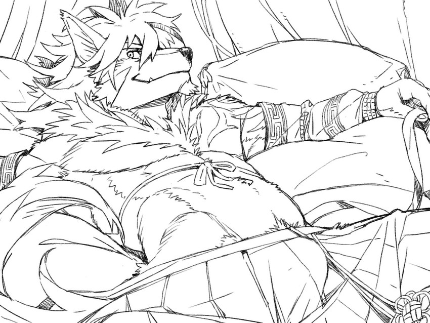 anthro asian_clothing athletic athletic_anthro athletic_male clothing facial_hair fingers fur hair humanoid_hands lying male mongolian mongolian_clothing on_back pubes solo tattoo gamma-g lifewonders tokyo_afterschool_summoners temujin_(tas) canid canine canis mammal wolf 4:3 hi_res line_art monochrome