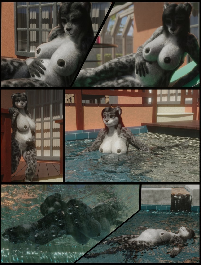 anthro areola black_areola black_nipples breasts clothing egg female floating growth hand_on_belly hand_on_own_belly holding_belly nipples nude outside panel_skew pregnant rapid_pregnancy solo swimming swimming_pool underwater water aeva_risis jinsariakhavra jushara_(character) felid mammal pantherine snow_leopard 3d_(artwork) comic digital_media_(artwork) hi_res story story_in_description