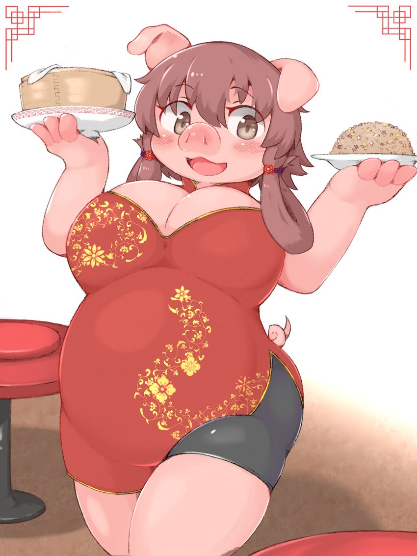 accessory anthro asian_clothing blush clothing east_asian_clothing female food hair hair_accessory holding_food holding_object overweight smile solo shitsu_kushi-mono domestic_pig mammal suid suina sus_(pig) 2022 3:4 hi_res