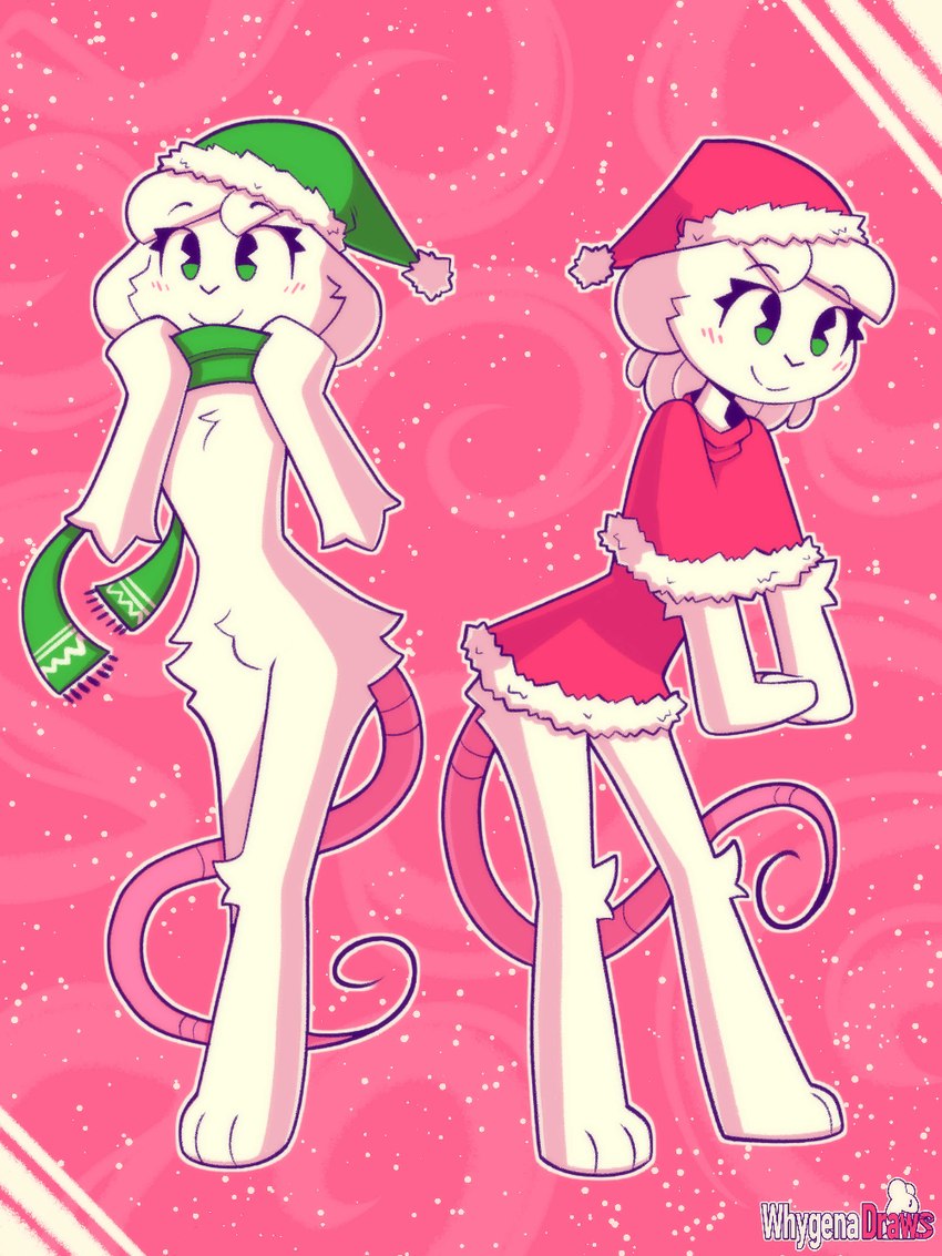 anthro arm_tuft barefoot chest_tuft christmas_clothing christmas_dress christmas_headwear clothed clothing crotch_tuft dress elbow_tuft feet fur green_eyes hat headgear headwear hip_tuft holidays knee_tuft leg_tuft male mostly_nude santa_hat scarf tuft white_body white_fur whygena christmas reggie_(whygena) mammal murid murine rat rodent hi_res