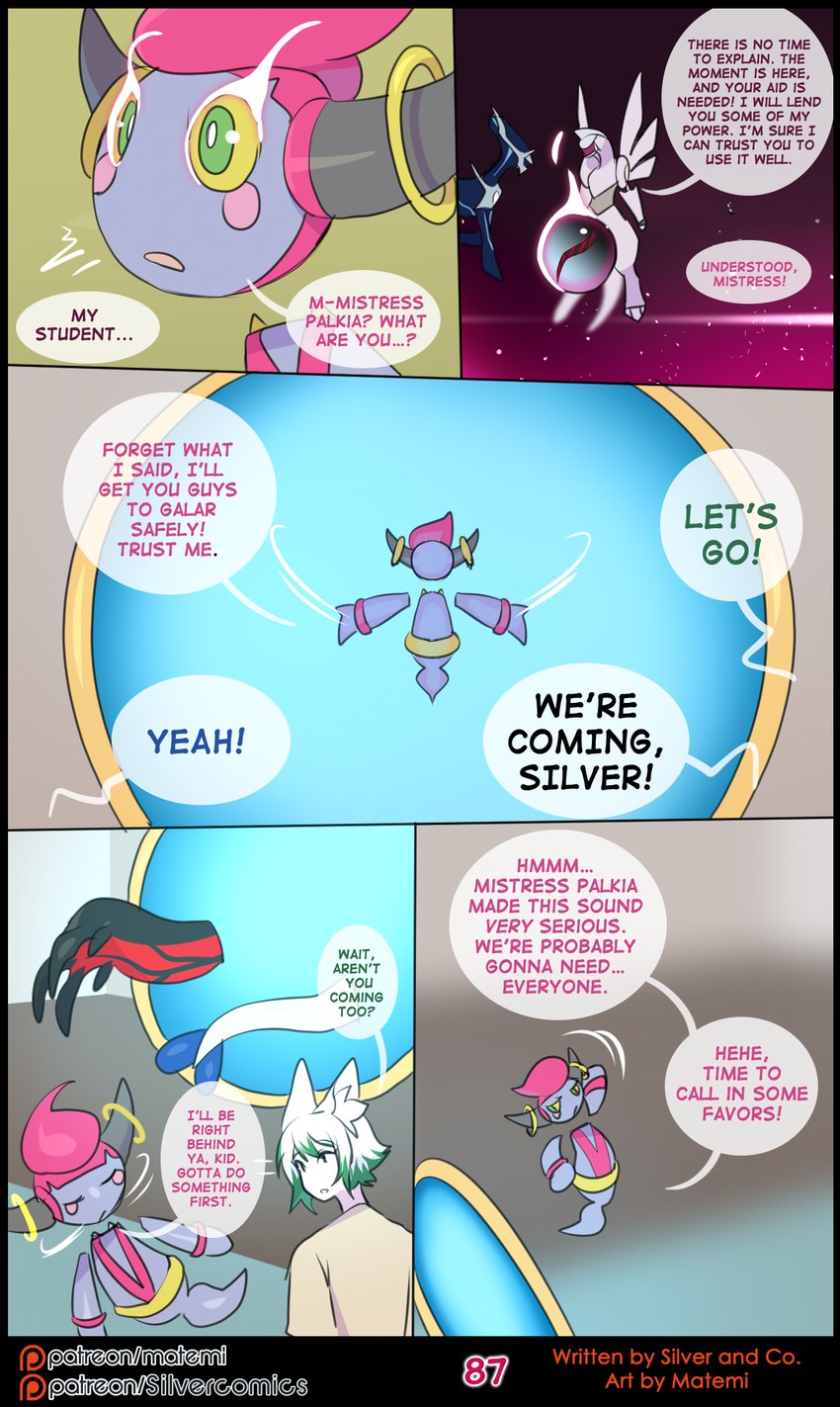 text matemi nintendo pokemon silver_soul_(comic) silver_soul_team artemis_the_absol blue_(shiro-neko) green_(shiro-neko) red_(shiro-neko) shamrock_(lysergide) silver_soul yellow_(shiro-neko) absol dialga generation_2_pokemon generation_3_pokemon generation_4_pokemon generation_6_pokemon hoopa hoopa_(confined) legendary_pokemon lugia palkia pokemon_(species) sceptile yveltal comic english_text hi_res