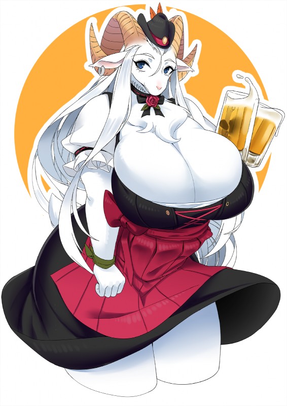 alcohol anthro barmaid beer beverage big_breasts blue_eyes breasts choker clothing curvy_figure dirndl female hair horn huge_breasts jewelry kemono long_hair looking_at_viewer necklace solo thick_thighs voluptuous white_hair cakewasgood bovid caprine domestic_sheep hair_sheep mammal sheep wiltshire_horn hi_res