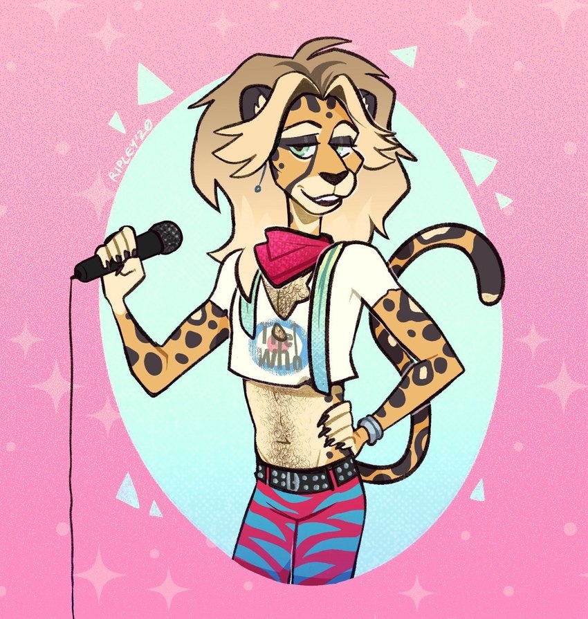 anthro band_merch band_shirt belly_hair belt body_hair bracelet clothing crop_top electronics fur hair half-closed_eyes jewelry kerchief legwear lips long_hair male markings microphone narrowed_eyes neckerchief neckwear pink_background print_clothing print_shirt print_t-shirt print_topwear scarf shirt simple_background smile smirk smug smug_face smug_grin solo spandex spots spotted_body spotted_fur studded_belt studs t-shirt thick_bottom_lip tight_clothing tights topwear yellow_body yellow_fur zebra_pattern fleetwoodbrak the_who auggie_(fleetwoodbrak) cheetah felid feline king_cheetah mammal hi_res andromorph_(lore) trans_(lore) trans_man_(lore)