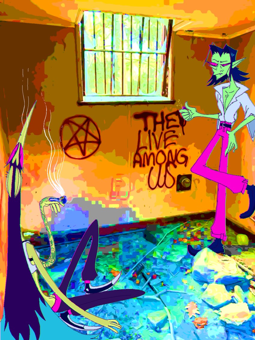 abandoned_building alternate_universe anthro boots bottomwear clothed clothing converse_shoes drugs duo ear_piercing facial_piercing female footwear green_body green_skin holding_lighter holding_object lighter male marijuana marijuana_pipe multicolored_body multicolored_skin mutant_humanoid nose_piercing occult_symbol open_clothing open_shirt open_topwear pants pentagram photo_background piercing pink_bottomwear pink_clothing pink_pants plant_tattoo rubble shirt shoes sleeve_tattoo smoke smoke_from_nose smoking smoking_marijuana sweatpants symbol tank_top topwear two_tone_body two_tone_skin white_clothing white_shirt white_tank_top white_topwear plentyofsoup cartoon_network powerpuff_girls powerpuff_girls_z ace_(powerpuff_girls) ivy_(powerpuff_girls_z) snake_(powerpuff_girls) humanoid monster monstrous_humanoid reptile scalie snake 3:4 hi_res neon_colors photography_(artwork)