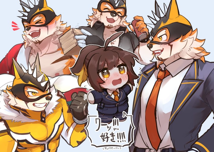 alcohol anthro beverage blush brown_hair chibi clothing drunk female fur hair male mask necktie nipples orange_body orange_fur pecs ponytail sake solo striped_body striped_fur stripes substance_intoxication suit superhero text mclw_suisei lifewonders live_a_hero female_operator protagonist_(live_a_hero) ryekie_(live_a_hero) felid human mammal pantherine tiger japanese_text