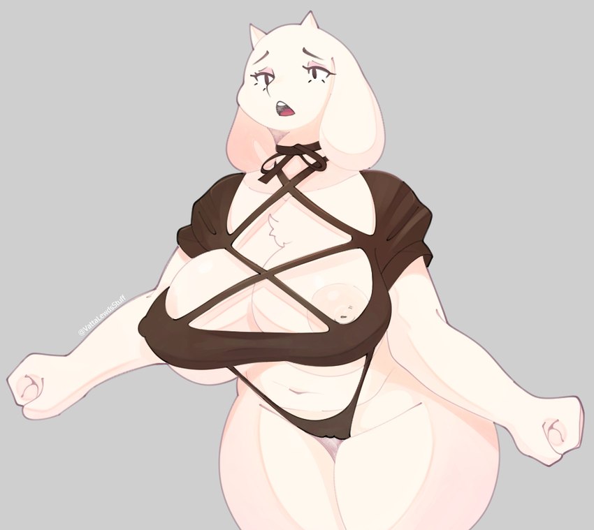 anthro areola biped breasts clothed clothing eyebrows eyelashes female fingers floppy_ears fur grey_background horn navel nipples open_mouth simple_background skimpy solo teeth thick_thighs white_body white_fur vattarena undertale_(series) toriel boss_monster_(undertale) bovid caprine goat mammal