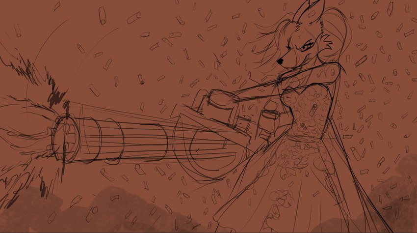 angry anthro bullet_casing clothing dress female fur gatling_gun gun hair hair_bun hair_over_eye machine_gun minigun muzzle_flash one_eye_obstructed ranged_weapon shooting shooting_gun smoke solo weapon wedding_dress unknown_artist space_station_13 bubblegum_fasani canid canine mammal