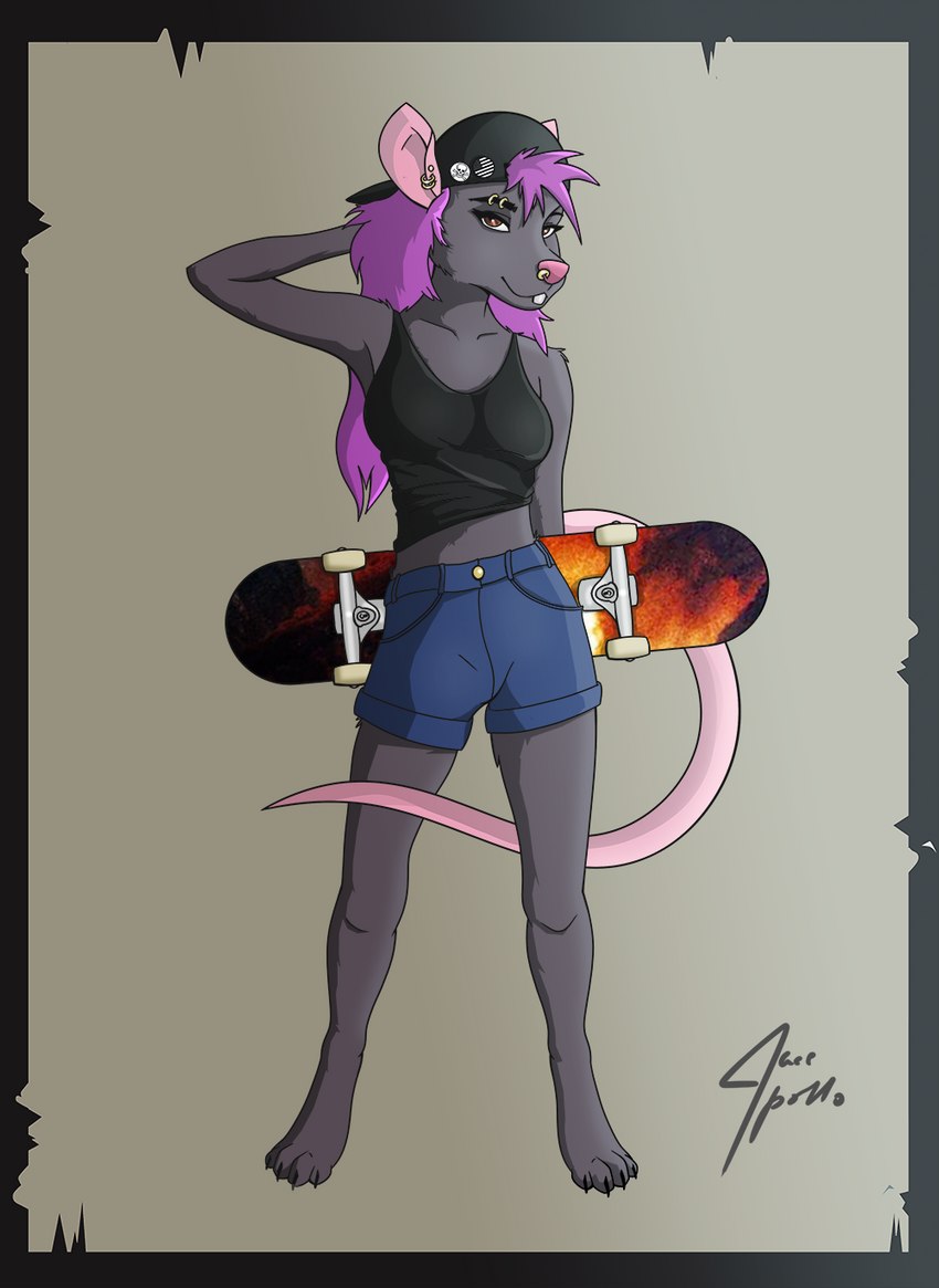adolescent anthro backwards_hat clothing ear_piercing ear_ring eyebrow_piercing eyebrow_ring facial_piercing female hat headgear headwear nose_piercing nose_ring piercing ring_piercing skateboard skater solo vehicle young young_female jace_apollo mammal murid murine rat rodent hi_res