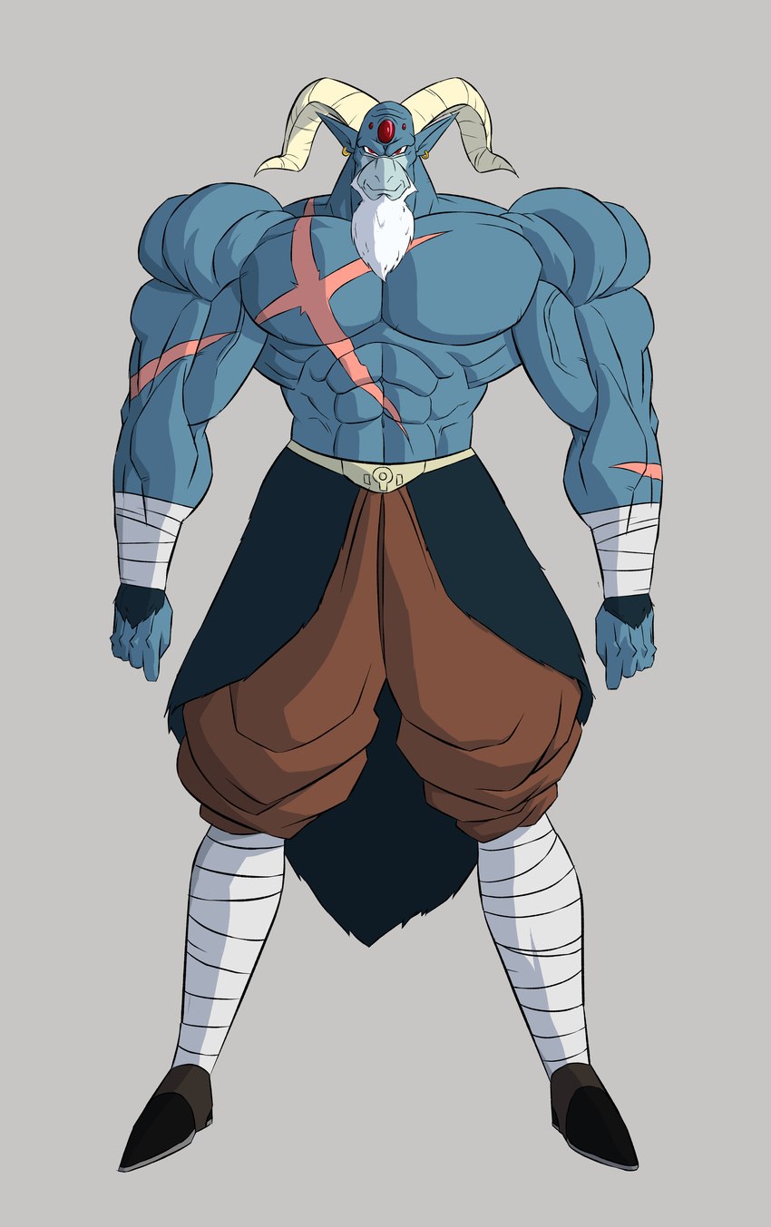 abs anthro beard ear_piercing ear_ring facial_hair horn male mature_male muscular muscular_male piercing ring_piercing scar shirtless solo levionb123 dragon_ball dragon_ball_super moro bovid caprine goat mammal planet_devourer absurd_res hi_res