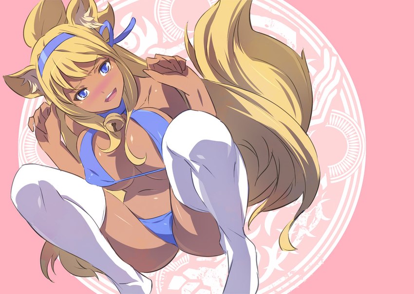 5_fingers accessory bell bell_collar bikini blonde_hair blush breasts clothing collar female fingers footwear hair hair_accessory hair_ribbon legwear navel open_mouth paw_pose pink_background pose ribbons simple_background socks solo swimwear thigh_highs thigh_socks two-piece_swimsuit akira02 shinrabanshou kouretsuken_mahiru animal_humanoid canid canid_humanoid canine canine_humanoid fox_humanoid humanoid mammal mammal_humanoid 2012