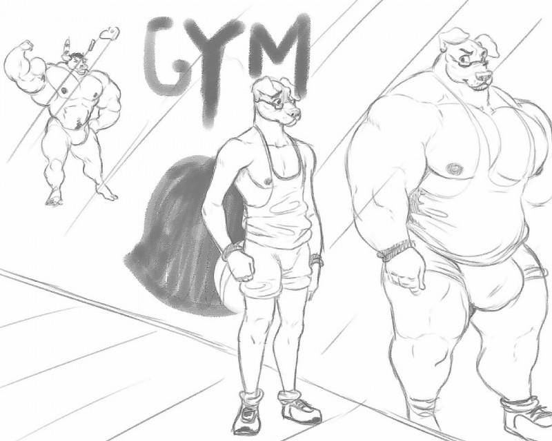 abs anthro armpit_hair biceps big_muscles body_hair bulge clothed clothing eyewear glasses heart_symbol huge_muscles male musclegut muscular nipples pecs text thong underwear kosmonius animal_crossing nintendo coach_(animal_crossing) k.k._slider bovid bovine canid canine canis cattle domestic_dog mammal 5:4 monochrome sketch