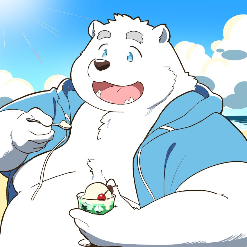 anthro belly big_belly black_nose clothing cloud food hoodie kemono male open_mouth overweight overweight_male smile solo topwear white_body chihaku_daga utau shirane_kan bear mammal polar_bear ursine 1:1 2024 hi_res