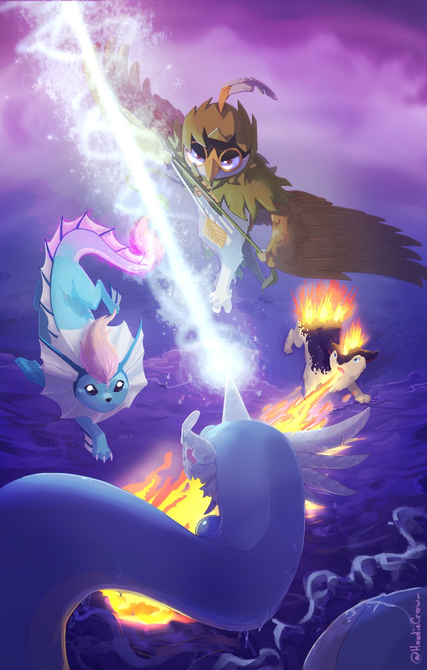 blue_eyes countershading feral fight fire flamethrower_(move) glowing glowing_eyes hyper_beam iron_tail male markings mottled mottled_body paws pink_eyes purple_body quadruped red_markings spirit_shackle tan_body water hoodiecrow nintendo pokemon aetherwake_(aetherwake) blitz_(gyro) fan_character gale_leaftalon squall_(alpha268) decidueye dragonair eeveelution generation_1_pokemon generation_2_pokemon generation_7_pokemon pokemon_(species) quilava vaporeon hi_res