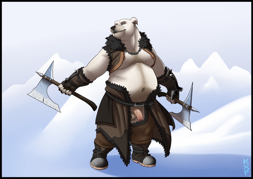 anthro balls belly black_border border genitals humanoid_genitalia humanoid_hands humanoid_penis ice male moobs navel outside overweight overweight_male penis solo weapon white_body kronexfire bear mammal polar_bear ursine 2021