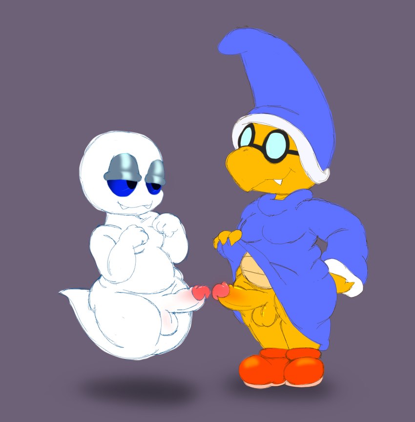 anthro balls clothing cute_fangs duo eyes_closed fangs footwear genitals hat headgear headwear male male/male penis presenting shoes slightly_chubby slightly_chubby_male teeth fuzefurry mario_bros nintendo kamek boo_(mario) ghost koopa magikoopa scalie spirit absurd_res hi_res