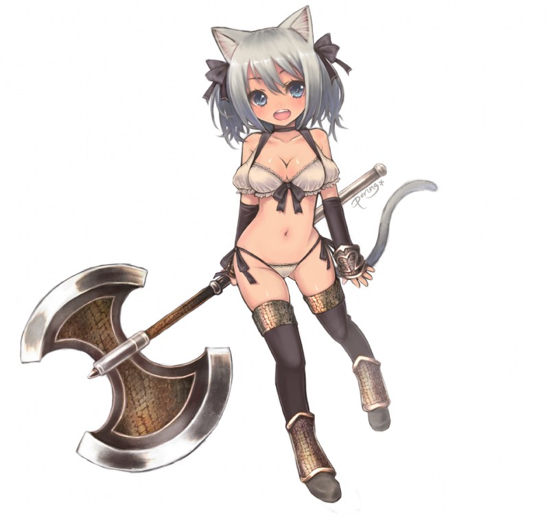 accessory axe bare_shoulders battle_axe black_clothing black_legwear blue_eyes blush bow_(feature) bow_accessory bow_bra bow_ribbon bra breasts cleavage clothed clothing collarbone colored_edge_panties double_bitted_axe female greataxe grey_hair hair hair_accessory hair_bow hair_ribbon holding_object holding_weapon legwear melee_weapon navel open_mouth panties pigtails pubic_mound ribbons short_hair side-tie_panties simple_background smile solo tail tan_bra tan_clothing tan_panties tan_underwear thigh_highs underwear underwear_only weapon white_background miyamae_porin animal_humanoid cat_humanoid domestic_cat felid felid_humanoid feline feline_humanoid felis humanoid mammal mammal_humanoid hi_res signature