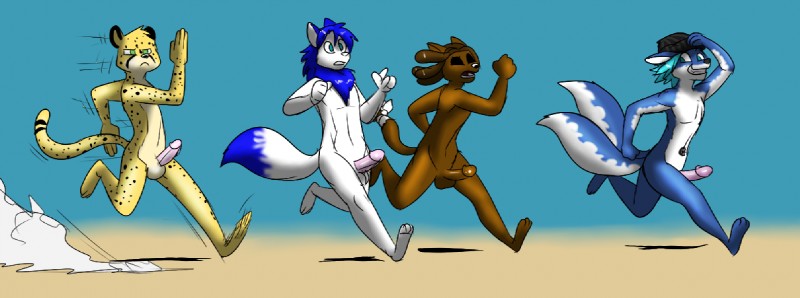 anthro balls blue_hair clothing erection genitals group hair hat headgear headwear male nude outside penis running sky metal_(artist) arcticsnow1 bootz folf_(elemental_wolf) zach_(gamerfox) canid canine canis cheetah domestic_cat felid feline felis hybrid mammal wolf 2014 digital_media_(artwork) shaded