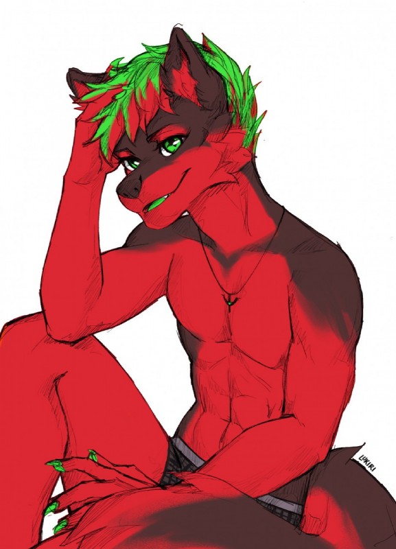 anthro blue_eyes fingers fur green_eyes green_hair hair male red_body red_fur simple_background sitting white_background gonewiththefart canid canine canis domestic_dog mammal digital_media_(artwork) hi_res