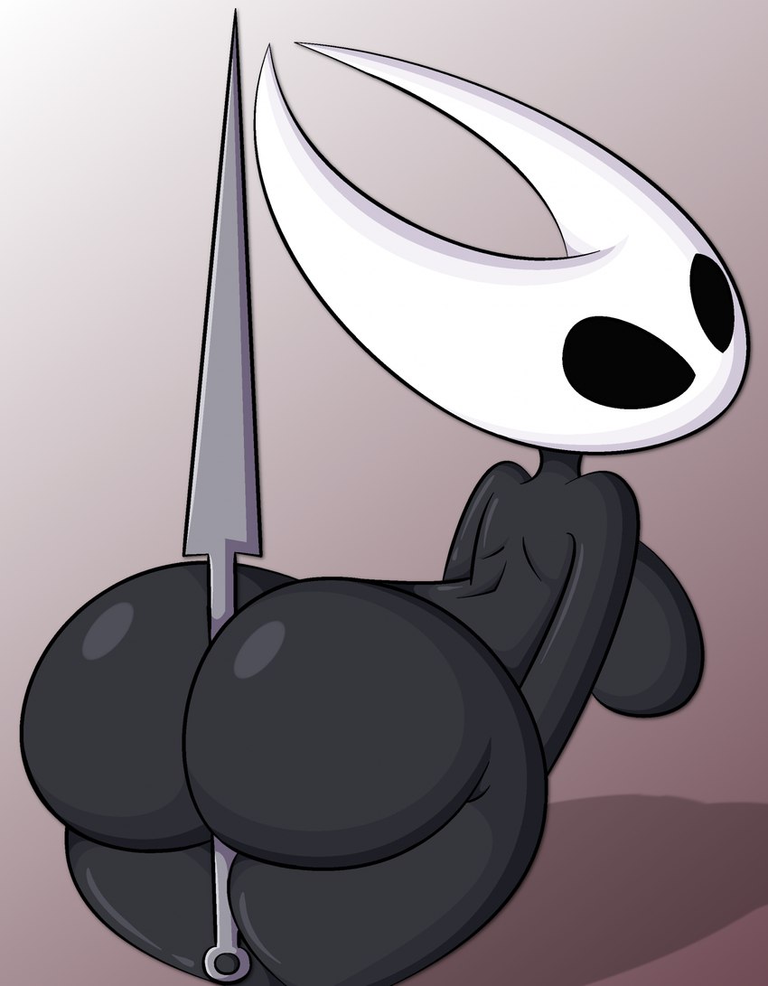 bent_over big_butt black_body black_eyes bottom_heavy breasts butt female looking_back nail_(weapon) nude object_between_cheeks shadow side_boob simple_background solo teasing thick_thighs weapon white_head wide_hips zinzoa hollow_knight team_cherry hornet_(hollow_knight) arthropod 2024 hi_res