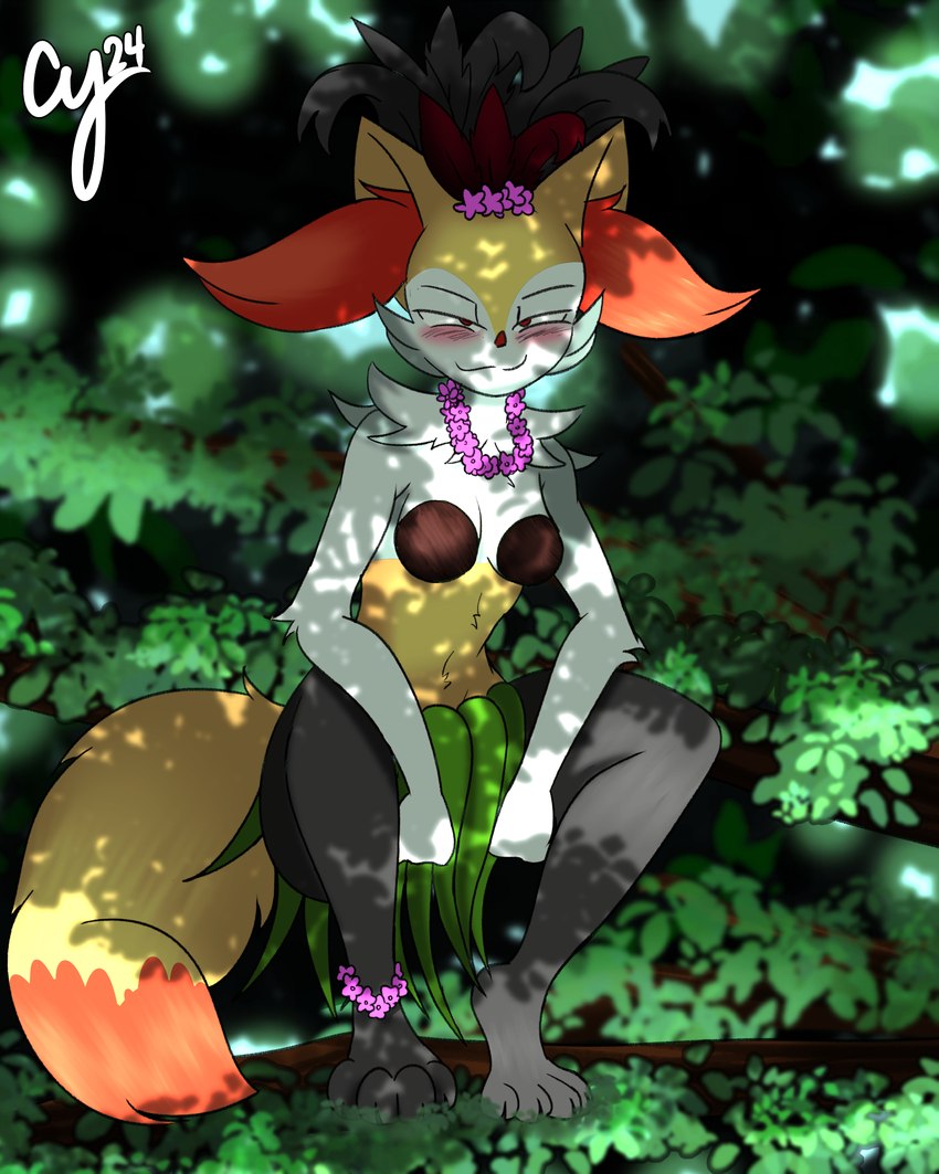 accessory anthro barefoot blush branch breasts clothed clothing coconut_bra crouching detailed_background feet female fur grass_skirt in_tree leaf lei medium_breasts multicolored_body orange_body orange_fur paws plant smug smug_face solo stalking tree two_tone_body white_body white_fur yellow_body yellow_fur cybeeyoru nintendo pokemon braixen generation_6_pokemon pokemon_(species) absurd_res hi_res