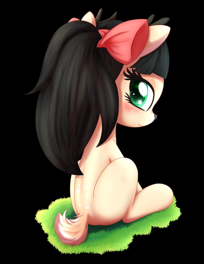 accessory black_hair blush bow_(feature) bow_accessory bow_ribbon centered_hair_bow female grass green_eyes hair hair_accessory hair_bow hair_ribbon looking_at_viewer looking_back plant ponytail ribbons simple_background solo tail tail_tuft transparent_background tuft an-m hasbro my_little_pony deer mammal absurd_res alpha_channel hi_res