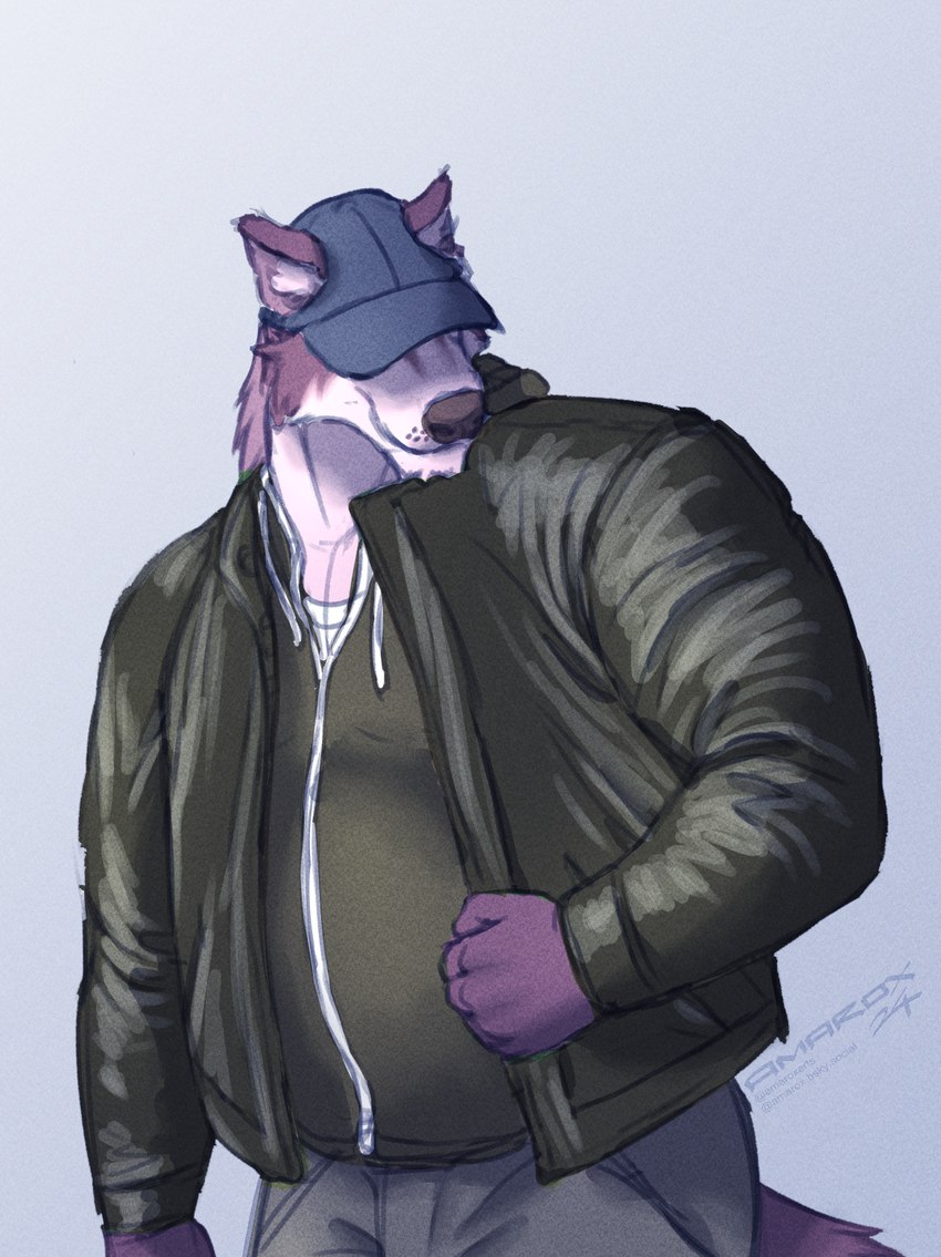 anthro baseball_cap clothing hair hat headgear headwear jacket leather leather_clothing leather_jacket leather_topwear looking_down male musclegut muscular solo standing topwear amarox amarox_(character) canid canine canis mammal wolf digital_drawing_(artwork) digital_media_(artwork) hi_res sketch