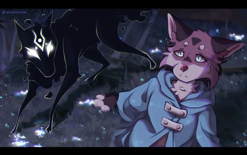 ambiguous_gender anthro black_bars clothing duo female feral forest ghost_tail grass night plant poncho sad shadow tree takomishadow misha_(takomishadow) x0mn!a_(takomishadow) canid canine canis coyote demon mammal letterbox