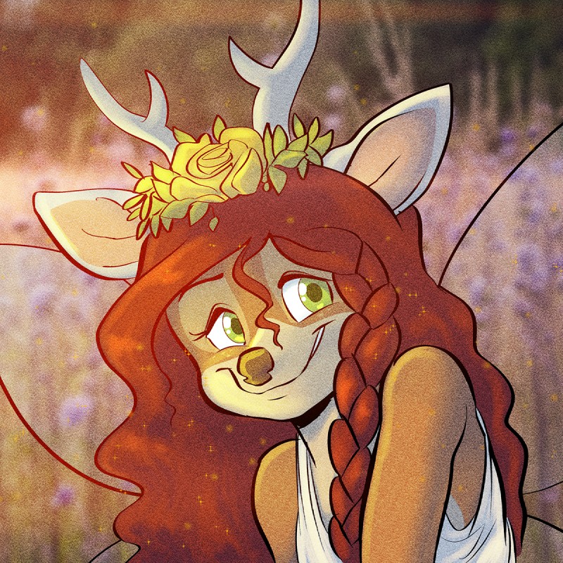 anthro antlers brown_body clothed clothing female floral flower flower_crown flower_garland garland green_eyes hair head_wreath horn insect_wings plant red_hair shirt smile solo tank_top topwear wings conditional_dnp jonas willow_(jonas) deer fairy mammal 1:1 hi_res