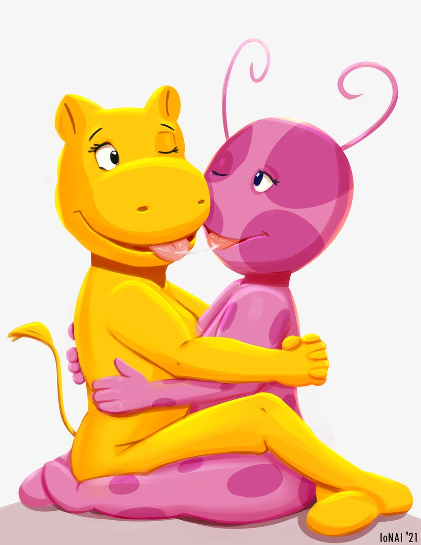 anthro bodily_fluids duo eye_contact female female/female hug kissing looking_at_another nipples nude one_eye_closed saliva saliva_string simple_background sitting tongue white_background young young_anthro young_on_young ionai backyardigans tasha_(backyardigans) uniqua common_hippopotamus hippopotamid mammal 2021 absurd_res artist_name colored hi_res