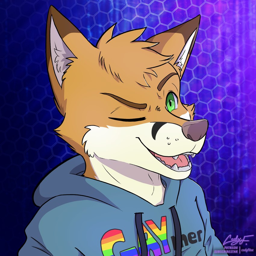 anthro clothed clothing dipstick_ears ear_markings fur gaming green_eyes hoodie looking_at_viewer male multicolored_ears one_eye_closed open_mouth open_smile orange_body orange_fur rainbow_text smile solo text topwear wink winking_at_viewer codyf0xx zoro canid canine fox mammal 1:1 english_text hi_res icon