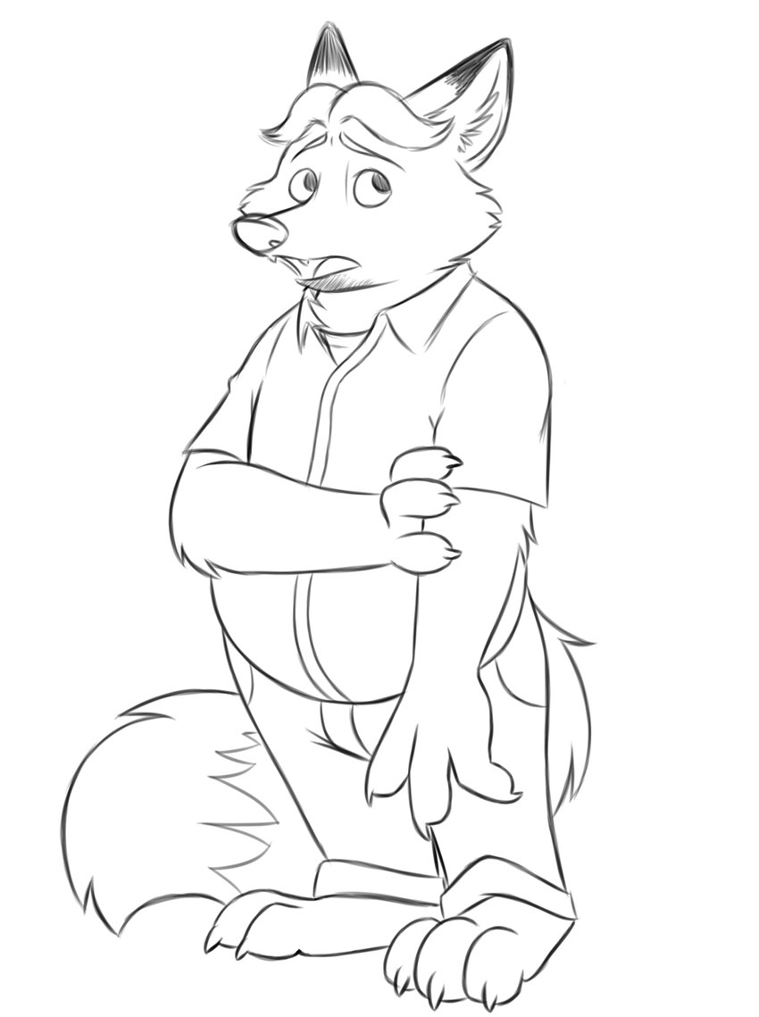 anthro biped bottomwear clothing humanoid_hands male pants shirt simple_background slightly_chubby solo topwear white_background skunkbutt_(artist) disney zootopia gideon_grey canid canine fox mammal red_fox true_fox 2019 hi_res monochrome