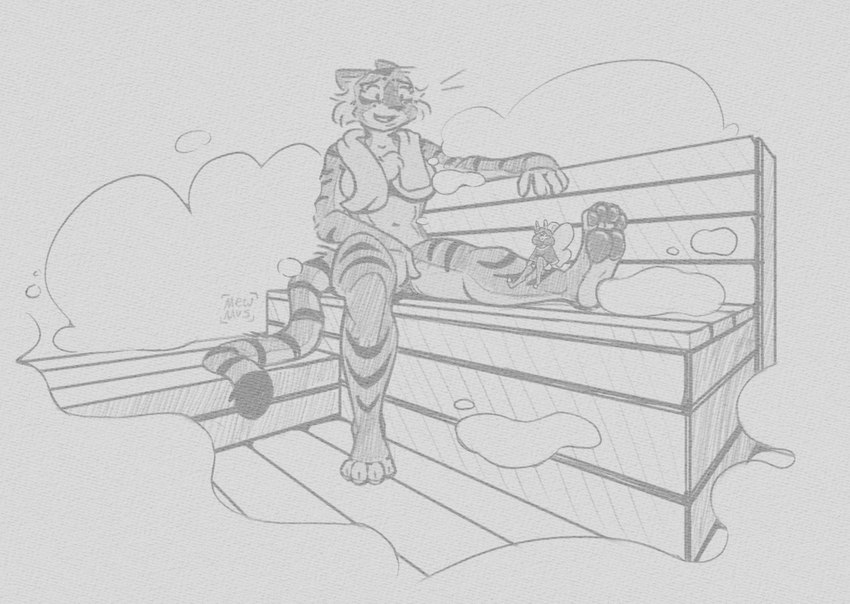 antennae_(anatomy) anthro blush breasts duo female micro navel nude pawpads sauna sitting_on_leg size_difference smile towel towel_around_neck wings mewmus dreamworks kung_fu_panda master_tigress rose_(mewmus) fairy felid humanoid mammal pantherine tiger 2022 digital_media_(artwork) hi_res monochrome