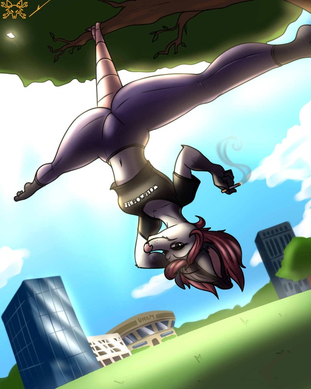 anthro bottomwear building cigarette clothing cloud day female grass hair looking_at_viewer low-angle_view midriff navel outside pants plant prehensile_tail red_hair sky smile smoking solo spread_legs spreading suspension tail thick_thighs tight_bottomwear tight_clothing tree upside_down worm's-eye_view yoga_pants tacticalfur tania_tlacuache american_opossum mammal marsupial virginia_opossum 2018 4:5 hi_res