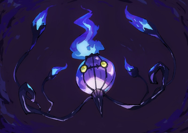 ambiguous_gender black_background blue_fire colored_fire fire kemono simple_background solo yellow_eyes sushi1515 nintendo pokemon chandelure generation_5_pokemon pokemon_(species) 2018