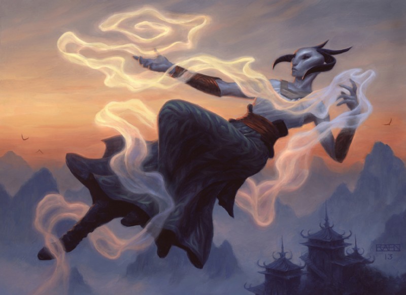 bottomwear clothing female floating horn jeskai magic monastery skirt solo spell chris_rahn hasbro magic:_the_gathering genie humanoid official_art